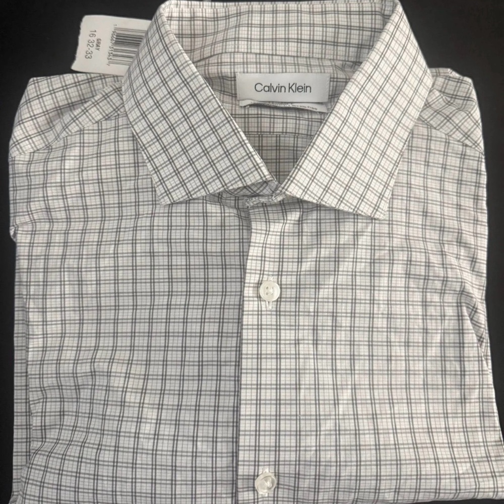 New with tags Calvin Klein Men's White and Gray Plaid Shirt size L  slim fit